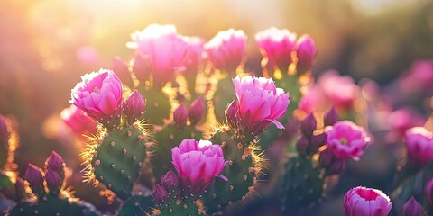 Canvas Print - Vibrant pink cactus flowers with sunlight glow in the background featuring a soft focus on foreground with ample copy space in warm hues