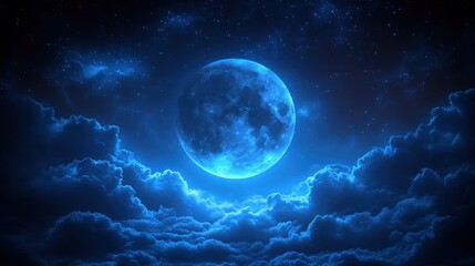 blue moon rising over night clouds, starry sky, fantasy backdrop