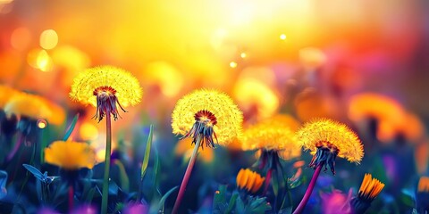 Canvas Print - Closeup of vibrant yellow dandelion flowers in a colorful field at sunset with warm glowing light and blurred background of spring blooms.