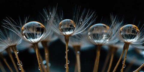 Wall Mural - Delicate dandelion seeds with clear water droplets glistening, arranged in a row against a soft dark background, capturing macro details.