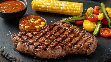 Wall Mural - Grilled sirloin strip steak served with fresh corn cob colorful vegetables and savory sauce on a rustic slate platter