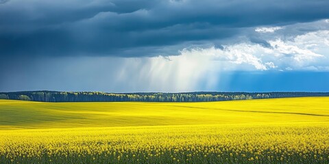 Vibrant yellow canola field stretches across the foreground with dark rain clouds creating contrast in the blue sky background.