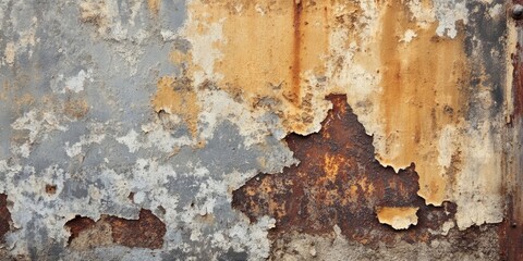 Wall Mural - Corroded vintage wall with layers of peeling gray and rust-orange paint, showcasing textured decay and weathered surfaces in a horizontal layout.