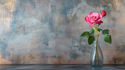 Wall Mural - elegant pink rose in glass vase on textured background with space for text or design elements. perfe
