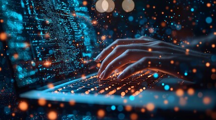 Night coder typing code on laptop, glowing keys, data visualization