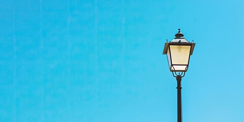 Wall Mural - Vintage street lamp with warm light against a clear bright blue sky, positioned on the right side of the image with a minimalistic background