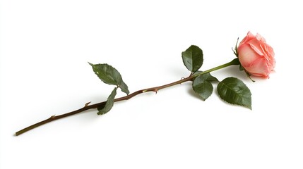 Wall Mural - elegant single pink rose on a slender stem with green leaves isolated against a pristine white backg