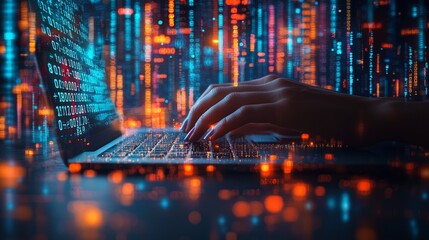 Programmer coding at night, digital rain background, software development