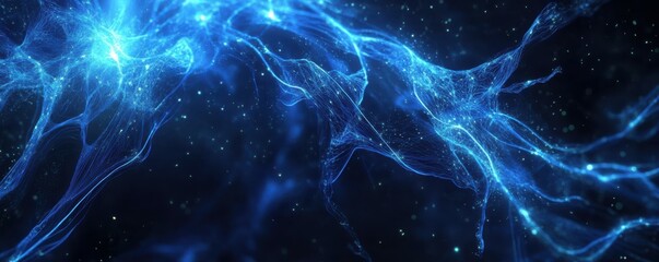 Abstract network of blue glowing nodes and lines, futuristic tech concept.