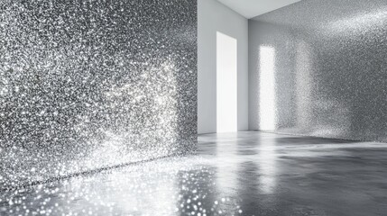 Wall Mural - Shimmering silver glitter texture creating an abstract luminous atmosphere in an empty modern room with bright natural light.