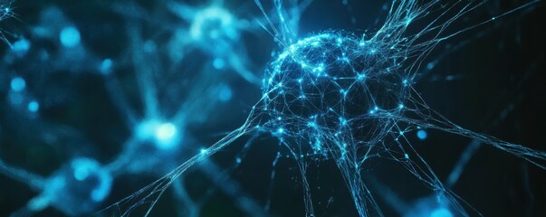 Abstract network of blue glowing nodes and lines, futuristic tech concept.