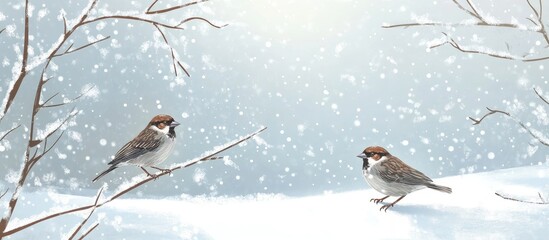 Wall Mural - Tranquil Winter Scene Featuring Sparrows on Snow-Covered Ground with Soft Blue and White Tones and Blurry Nature Background for Text Space