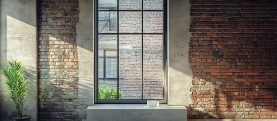 Poster - Contemporary window design highlighted by rustic brick wall blending modern and industrial architectural elements