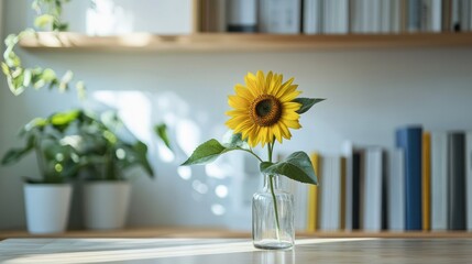 Poster - Single sunflower in a glass vase showcasing minimalistic decor in a bright spacious loft living room with bookshelves and natural light.