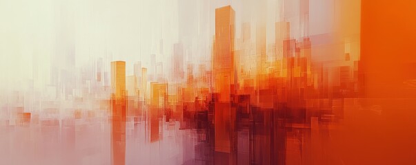 Wall Mural - Abstract orange cityscape with geometric shapes and soft gradients, creating a futuristic feel with layered blocks and transparent elements in a vibrant composition