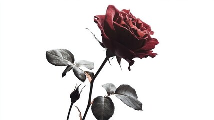 Wall Mural - elegant single red rose with dark green leaves isolated against a pristine white background showcasi