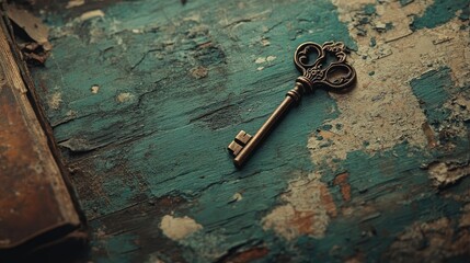 Antique skeleton key resting on a weathered wooden surface with peeling paint and aged textures in a vintage setting