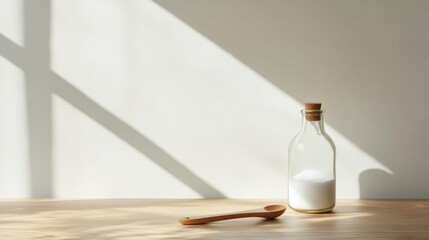 Wall Mural - Sodium bicarbonate bottle with wooden spoon on a rustic table highlighting natural light and warm shadows