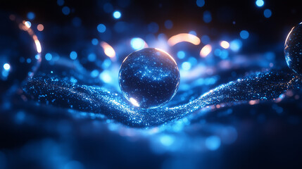 Wall Mural - cosmic spheres in glowing blue and orange light, surrounded by misty space and stardust.