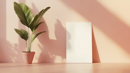 Canvas Print - A3 size empty poster mockup with minimalistic background and potted plant in modern interior setting