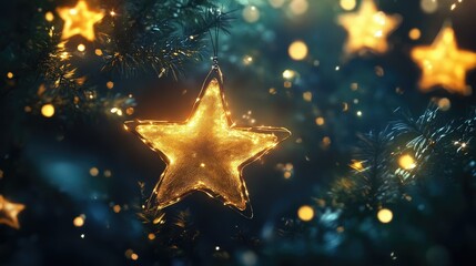 Wall Mural - Golden Star Ornament Illuminating a Festive Tree with Warm Bokeh Lights in a Dreamy Holiday Atmosphere