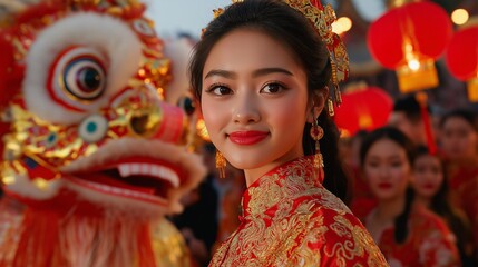 Asian woman wearing vibrant traditional silk robes, celebrating Chinese New Year