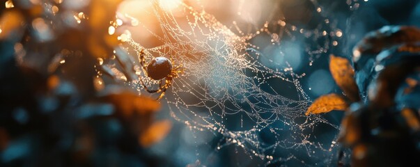 A photorealistic close-up of a spider web glistening with morning dew, each strand reflecting the world.