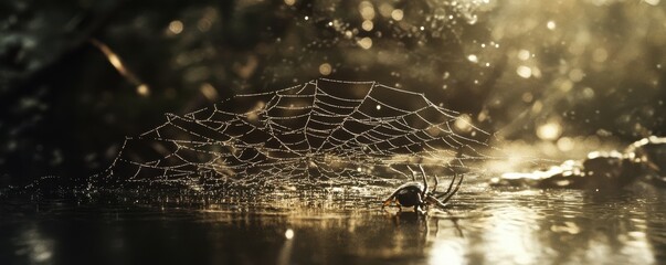 A photorealistic close-up of a spider web glistening with morning dew, each strand reflecting the world.