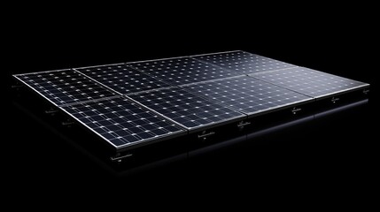 Photovoltaic solar panel array with reflected sunlight, positioned on a dark background, emphasizing the grid pattern and sleek design.