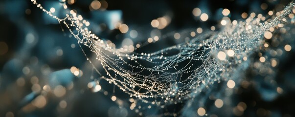 A photorealistic close-up of a spider web glistening with morning dew, each strand reflecting the world.