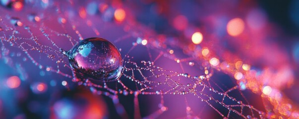 A photorealistic close-up of a spider web glistening with morning dew, each strand reflecting the world.
