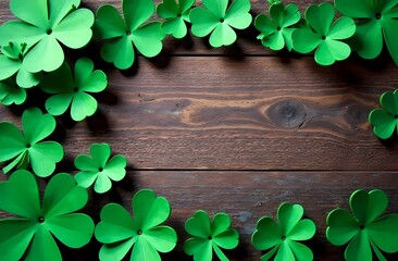 Wall Mural - St. Patrick's Day with shamrocks on rustic table background, with copy space.