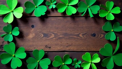 Wall Mural - St. Patrick's Day with shamrocks on rustic table background, with copy space.