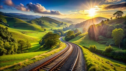 Canvas Print - Scenic Railway Road Cutting Through Lush Green Rural Landscape - Stock Photo