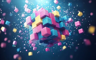 Canvas Print - Colorful cube exploding into smaller cubes.