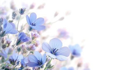 Wall Mural - Delicate Blue Floral Composition with Soft Focus on White Background for Tranquil and Serene Atmosphere