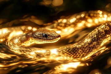 Wall Mural - Golden snake coils, gleaming scales, dark background.