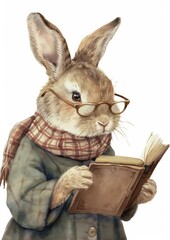 Wall Mural - Rabbit reading book watercolor rodent mammal animal