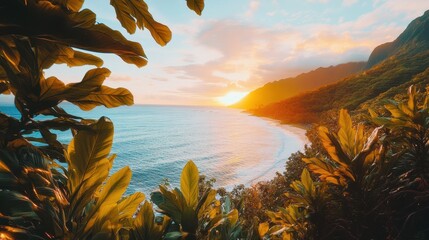 Canvas Print - A tranquil beach scene glows under a vibrant sunset, where the sky melts into hues of orange and pink, reflecting on the gentle waves lapping the shore.