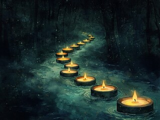 Canvas Print - Candles floating on dark water path in forest at night.