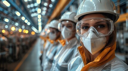 Aufkleber - A team of workers in a manufacturing plant conducting a safety briefing, all equipped with protective gear and standing near clearly marked safety zones.