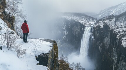 Sticker - A Solitary Figure Gazing at a Majestic Waterfall in a Snowy Landscape