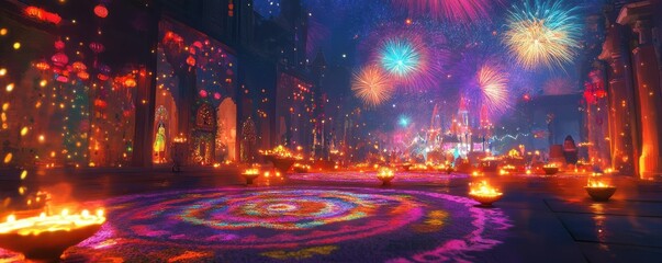 Wall Mural - a colorful diwali scene with diyas lit, rangoli designs on the floor, and fireworks exploding in the
