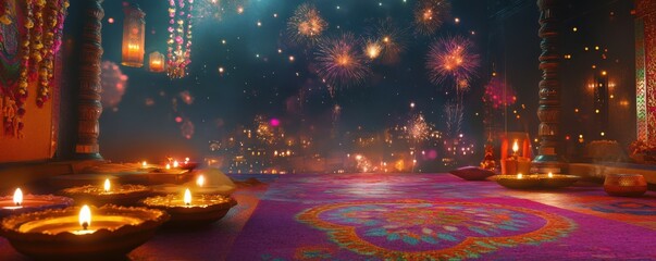 Wall Mural - a colorful diwali scene with diyas lit, rangoli designs on the floor, and fireworks exploding in the