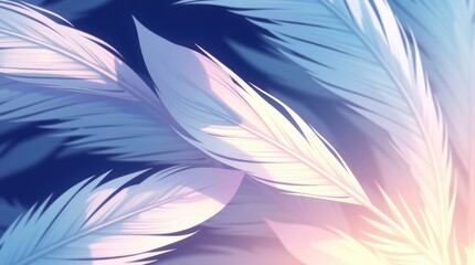 Wall Mural - Delicate feathers, soft pastel colors, blue and pink gradient, ethereal lighting, dreamy atmosphere, macro photography, high detail, smooth texture, wispy edges, gentle curves, subtle shading, fantasy