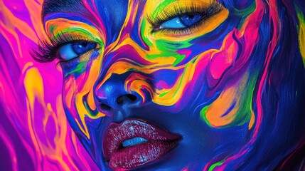  Close-up of a Woman's Face with Neon Makeup