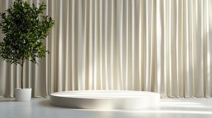 Poster - A clean and modern scene featuring a white podium on a plain light cream background