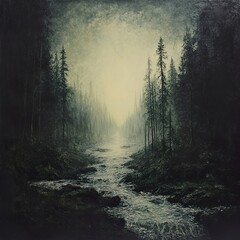 Poster - Enigmatic Forest River: A Serene Landscape Painting