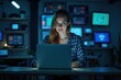 © WoodHunt - A young woman is analyzing data on her laptop while surrounded by high-tech equipment. The background shows a futuristic lab filled with screens and devices related to cybersecurity