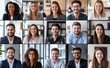 © Tondone - Diverse group of professionals smiling in a virtual meeting grid. Portraits of confident and happy individuals in a corporate setting.